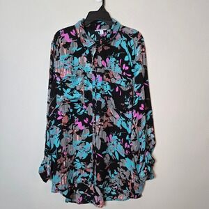 Boutique+ Womens 2X Abstract Floral Stripe Button Down Roll Tab Sleeve Shirt